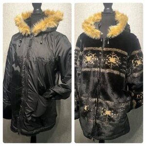 Ladies Guide Gear Faux Fur Reversible Water Resistant Hooded Jacket M Snowflake